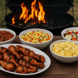 BBQ Chicken Drumsticks, baked beans, potato salad, cowboy caviar, and caprese salad on a picnic table next to a grill.
