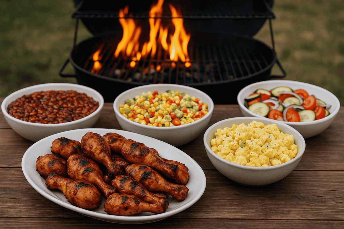 BBQ Chicken Drumsticks, baked beans, potato salad, cowboy caviar, and caprese salad on a picnic table next to a grill. 