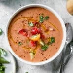 A classic Gazpacho recipe is the most refreshing drink or soup of Summer! The flavorful vegetables really shine and it's so easy to make in the blender in just a few minutes!