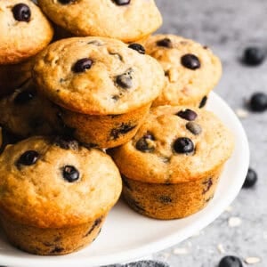 A plate stacked with Healthy Muffins with oats, blueberries, honey, and wholesome ingredients ready to enjoy.