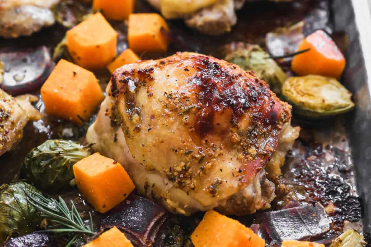 Juicy chicken baked in a sweet and tangy honey mustard glaze that turns weeknight dinner into something special.