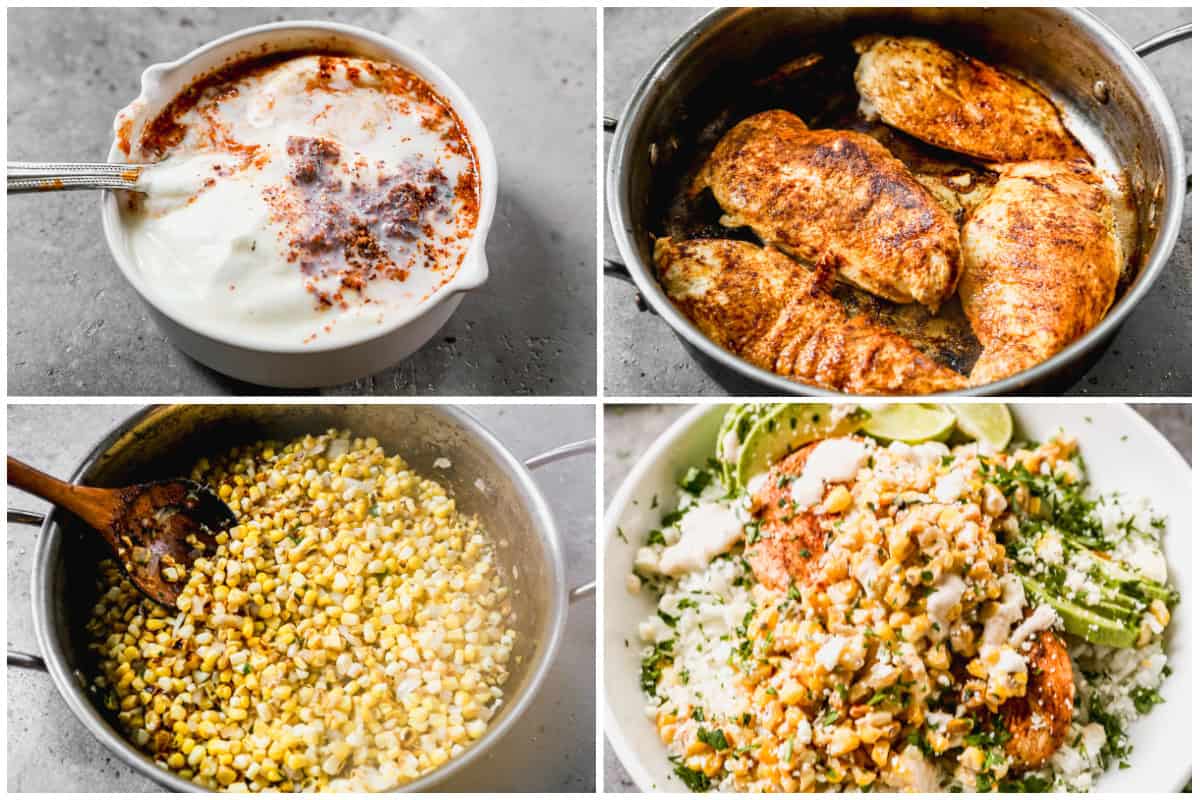 Four images showing how to make street corn chicken rice bowls by mixing the sauce, cooking the chicken and corn, then combining it all in a bowl.