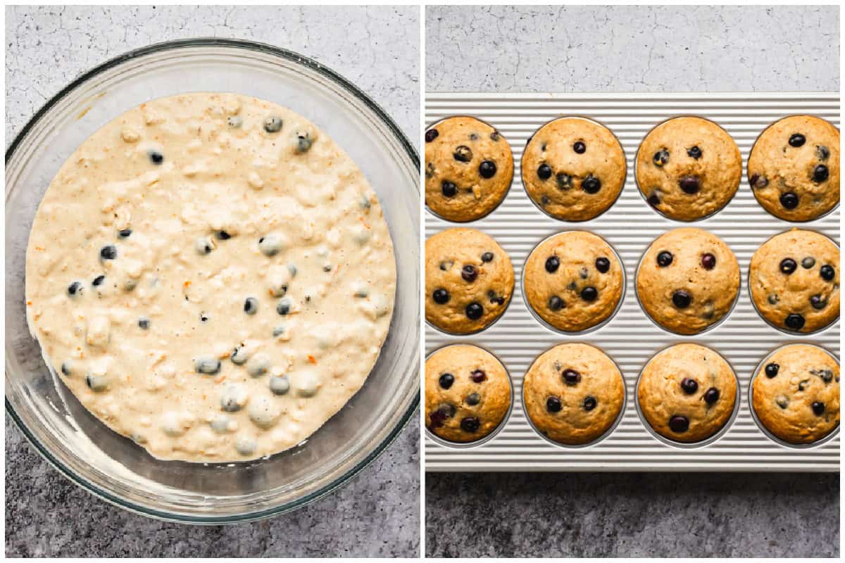 Two images showing how to make healthy muffins for kids, easy to freeze for a grab and go snack or breakfast!