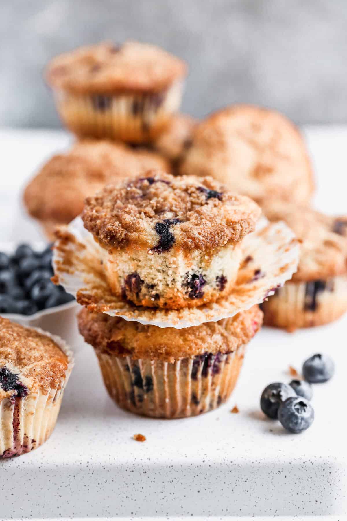 A buttery, bakery-style, crumble topped blueberry muffin that freezes well and makes mornings feel effortless.