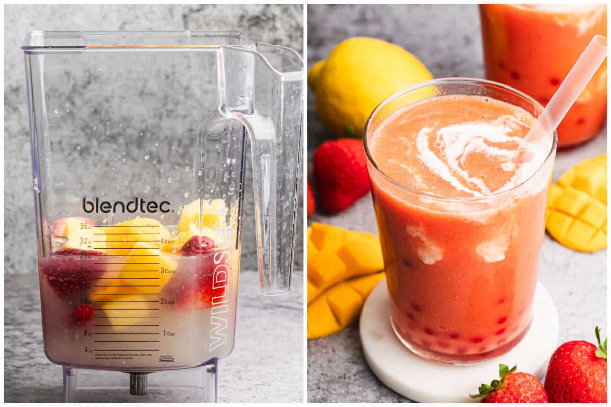 The best Boba Smoothie is easier than you think! It has mango and strawberries blended in lemonade then poured over flavorful and fun bursting boba and swirled with cream. It's truly magical!