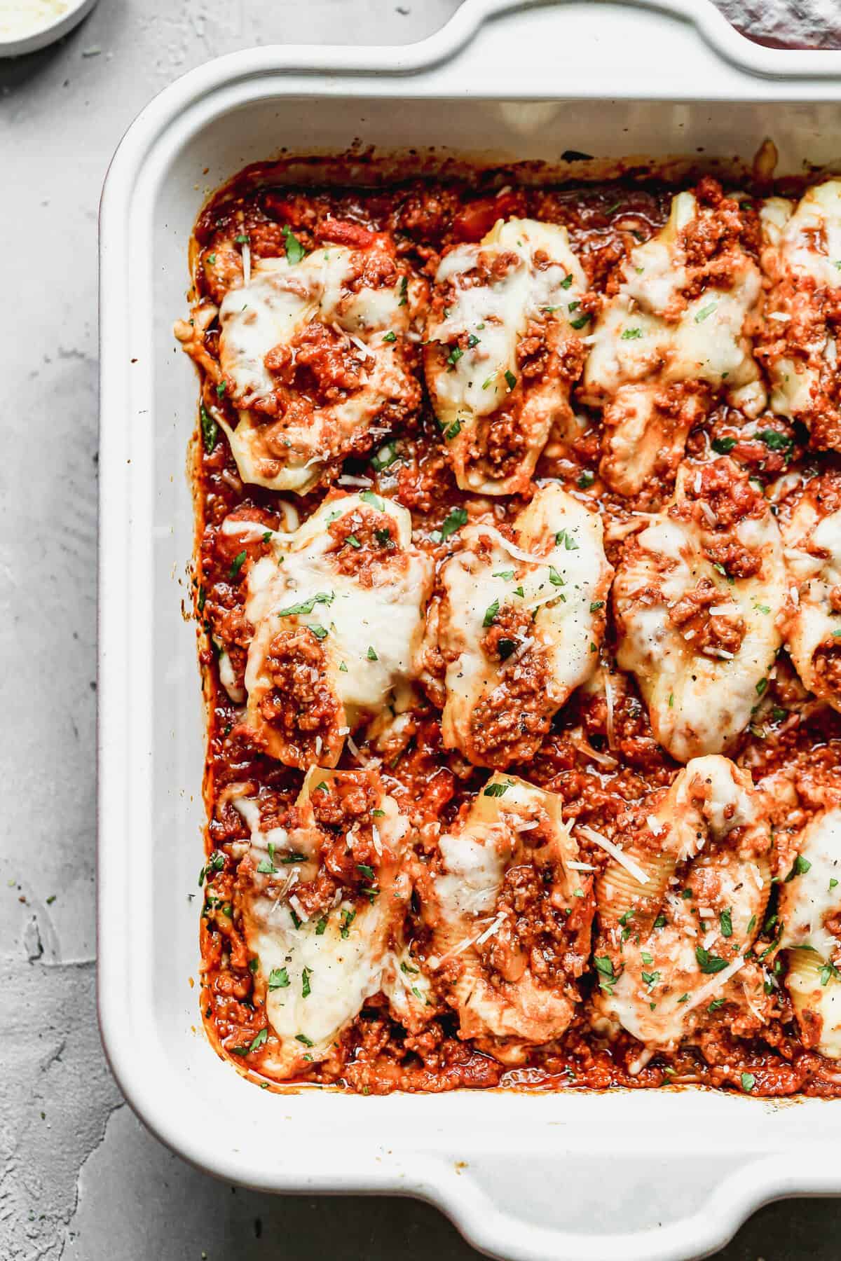 These lasagna stuffed shells are a make-ahead, crowd-pleasing pasta bake perfect for busy nights or entertaining.
