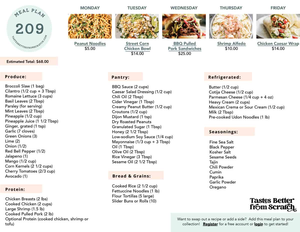 Shopping list for meal plan 209.