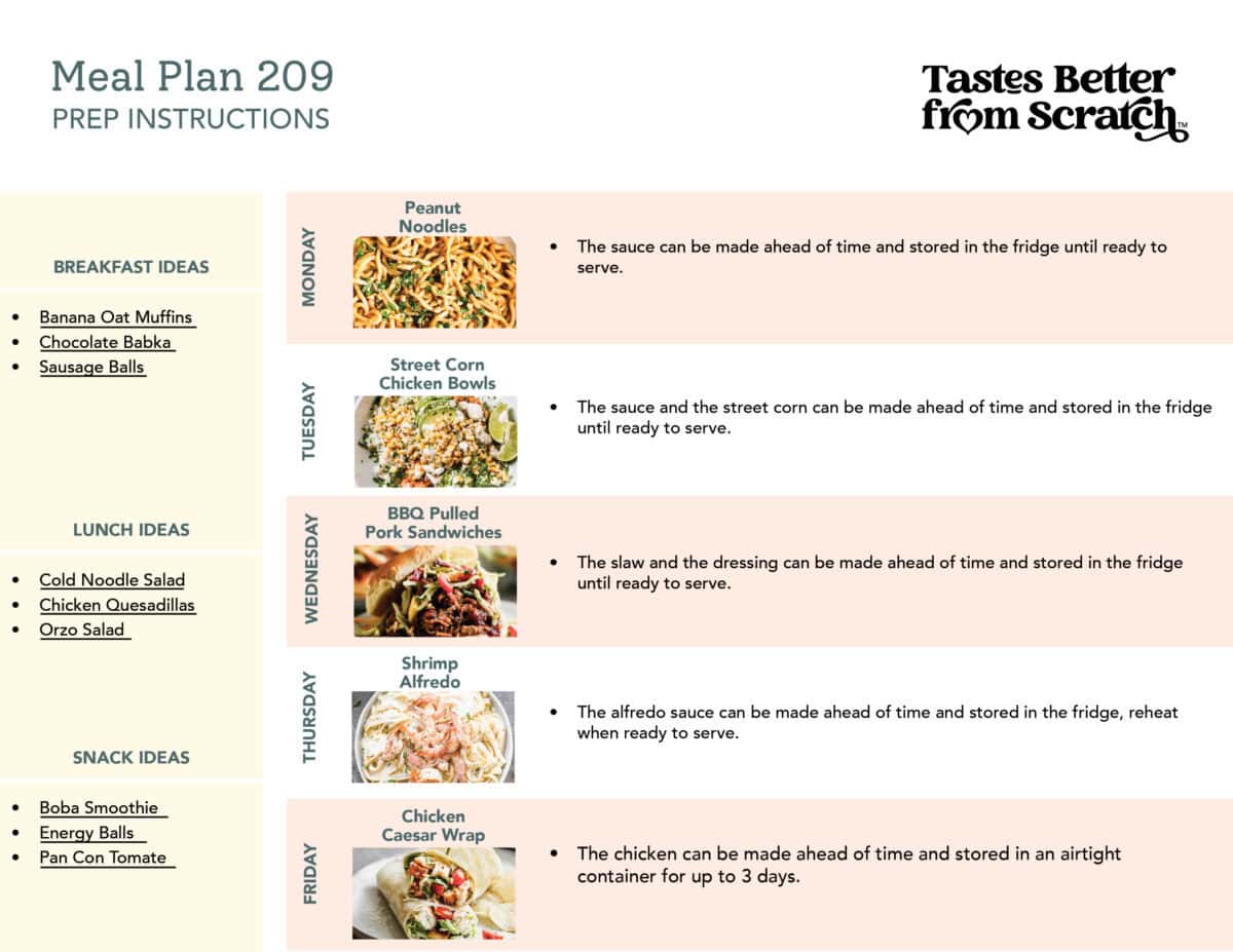 Prep ahead instructions for meal plan 209.
