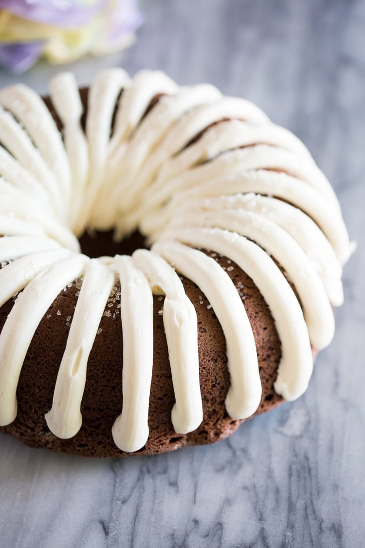 This copycat chocolate nothing bundt cake is incredibly moist, chocolatey, and finished with a bakery-style cream cheese frosting.