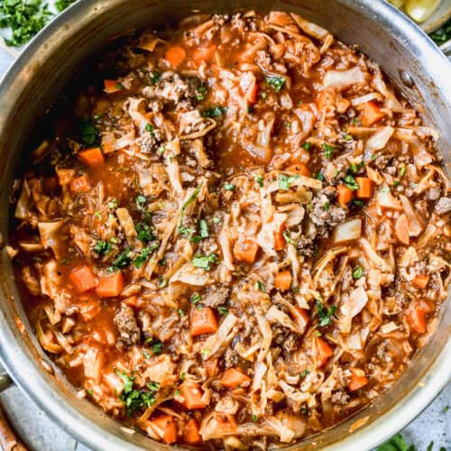 The best Cabbage Roll Soup recipe is flavorful, rich, and has all the flavors we love from cabbage rolls in an easy, one-pot soup!