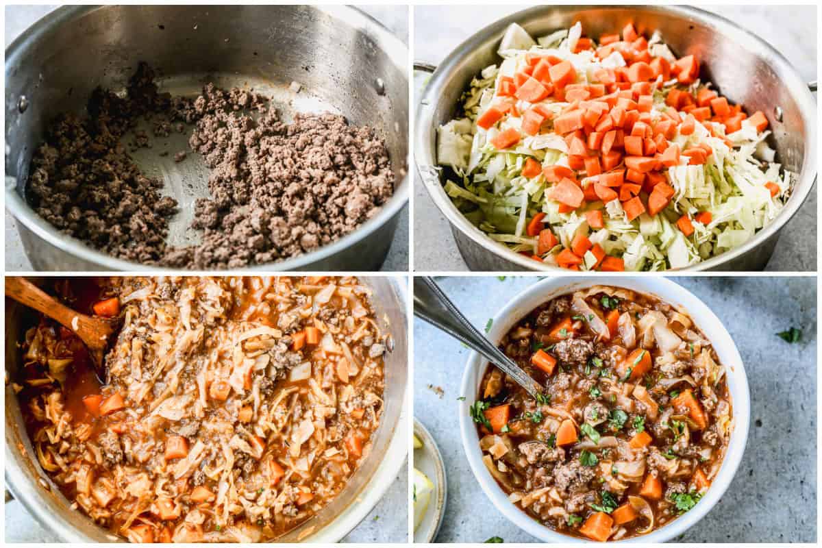 Four process photos for making cabbage roll soup including browning the meat, sautéing veggies, and cooking the soup in a soup pot. 