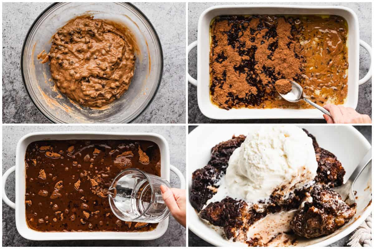 The best Chocolate Cobbler recipe has a rich batter with chocolate chips and topped with a chocolate layer and boiled water or coffee to create a warm chocolate pudding under a moist chocolate cake. 