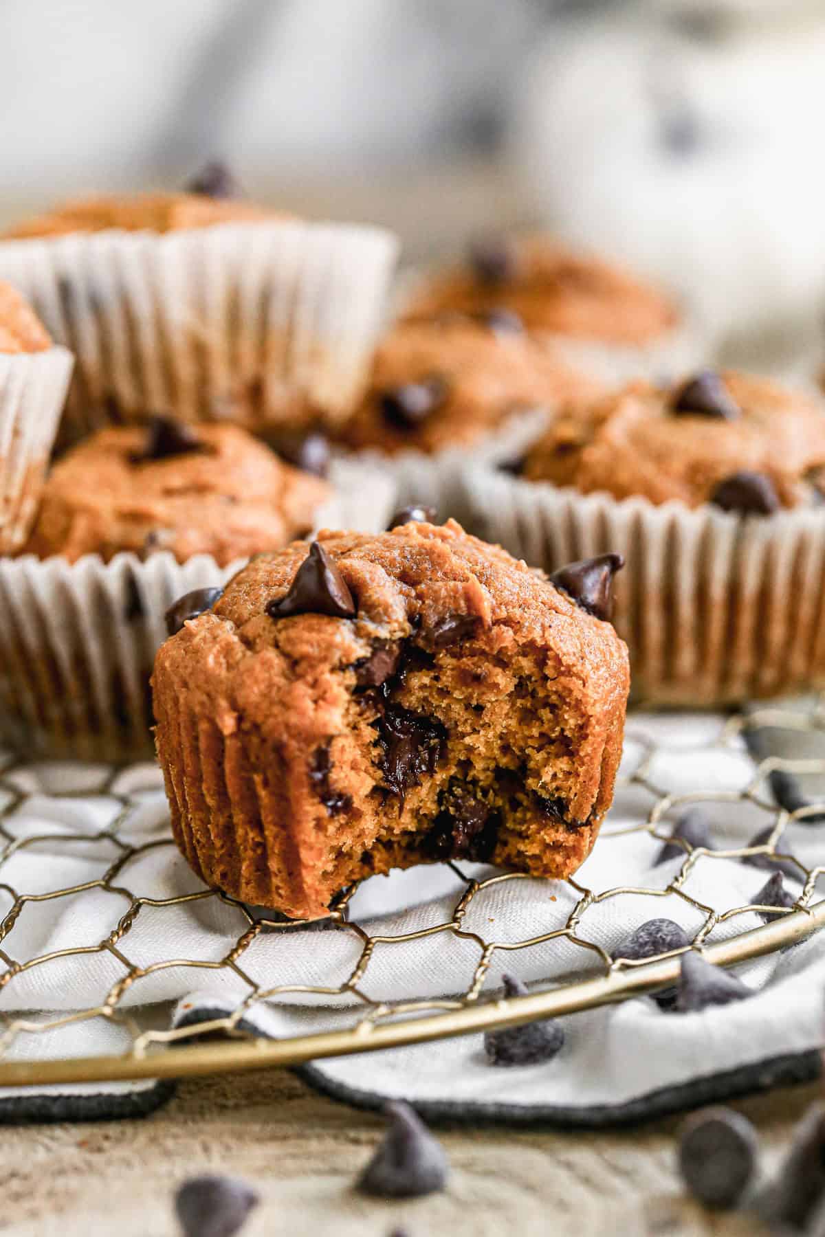 Healthy pumpkin muffins make a cozy breakfast or snack, with just the right balance of pumpkin and chocolate chips.