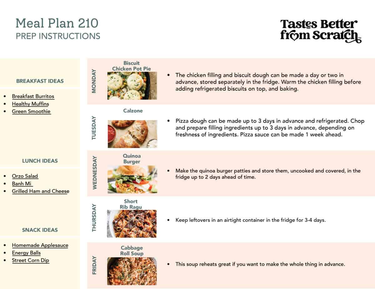 Prep ahead instructions for meal plan 210.