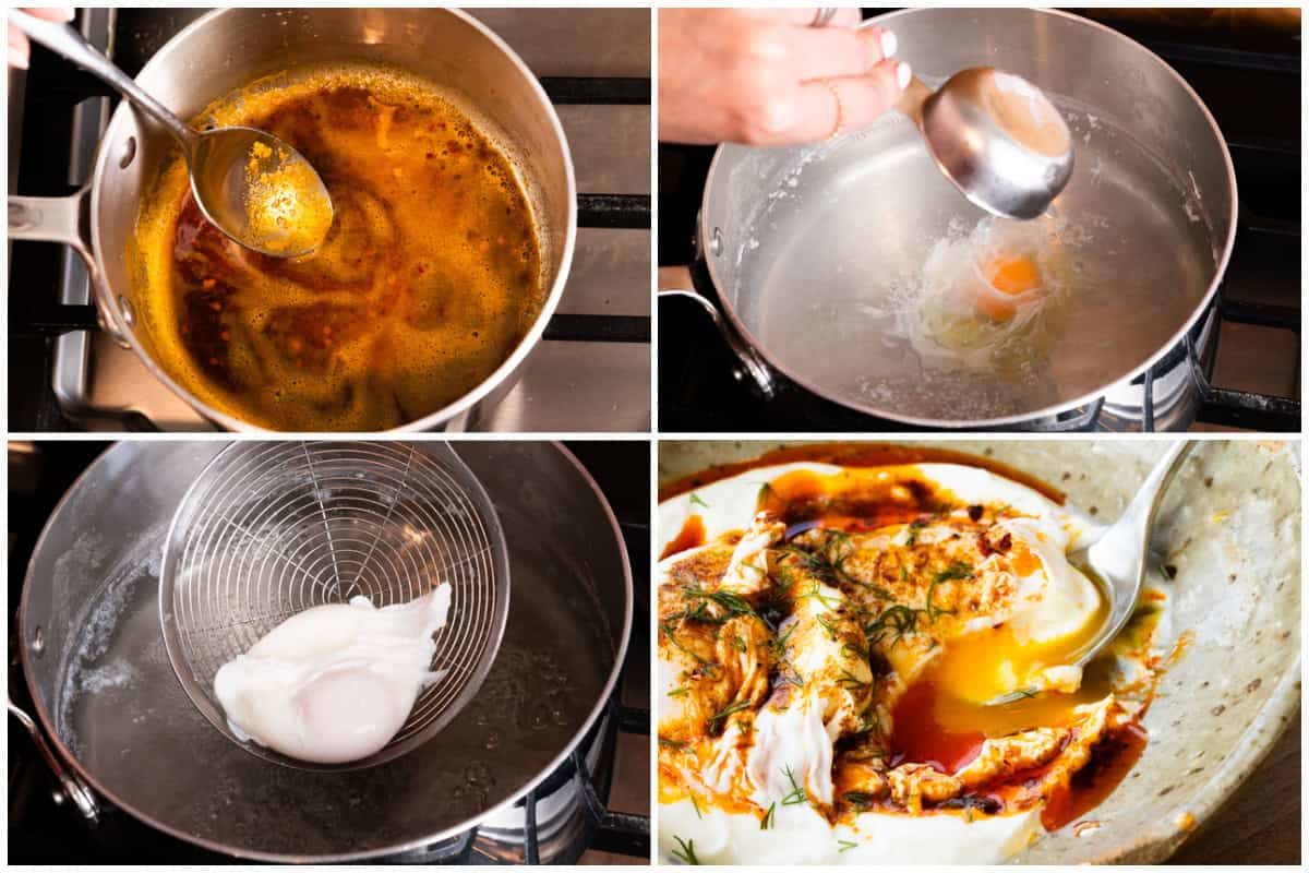 This easy Turkish Eggs recipe has the most flavorful spiced butter sauce drizzled over perfectly poached eggs on a bed of a lemon and garlic infused yogurt.