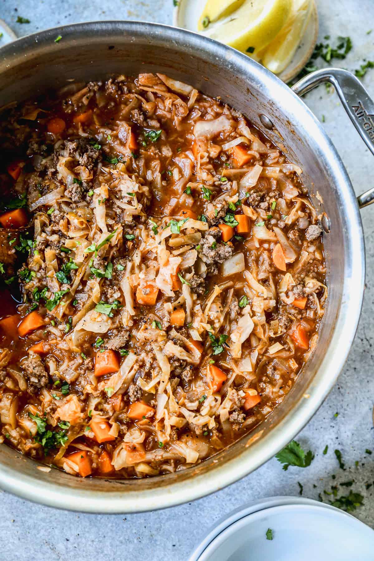 This cabbage roll soup uses ground beef to capture all the flavor of stuffed cabbage in a shortcut, comforting bowl.