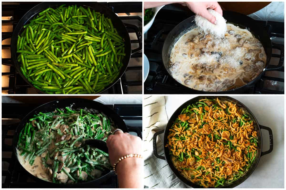 Learn how to make green bean casserole with fresh ingredients and all the flavor! It has a creamy homemade mushroom sauce, fresh green beans, and topped with crispy onions.