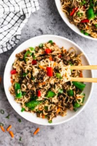 This Mongolian noodles dinner uses ground beef in a savory, saucy dish that makes dinner feel special.
