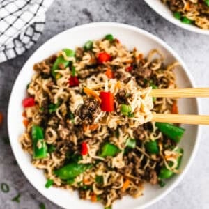 This Mongolian noodles dinner uses ground beef in a savory, saucy dish that makes dinner feel special.
