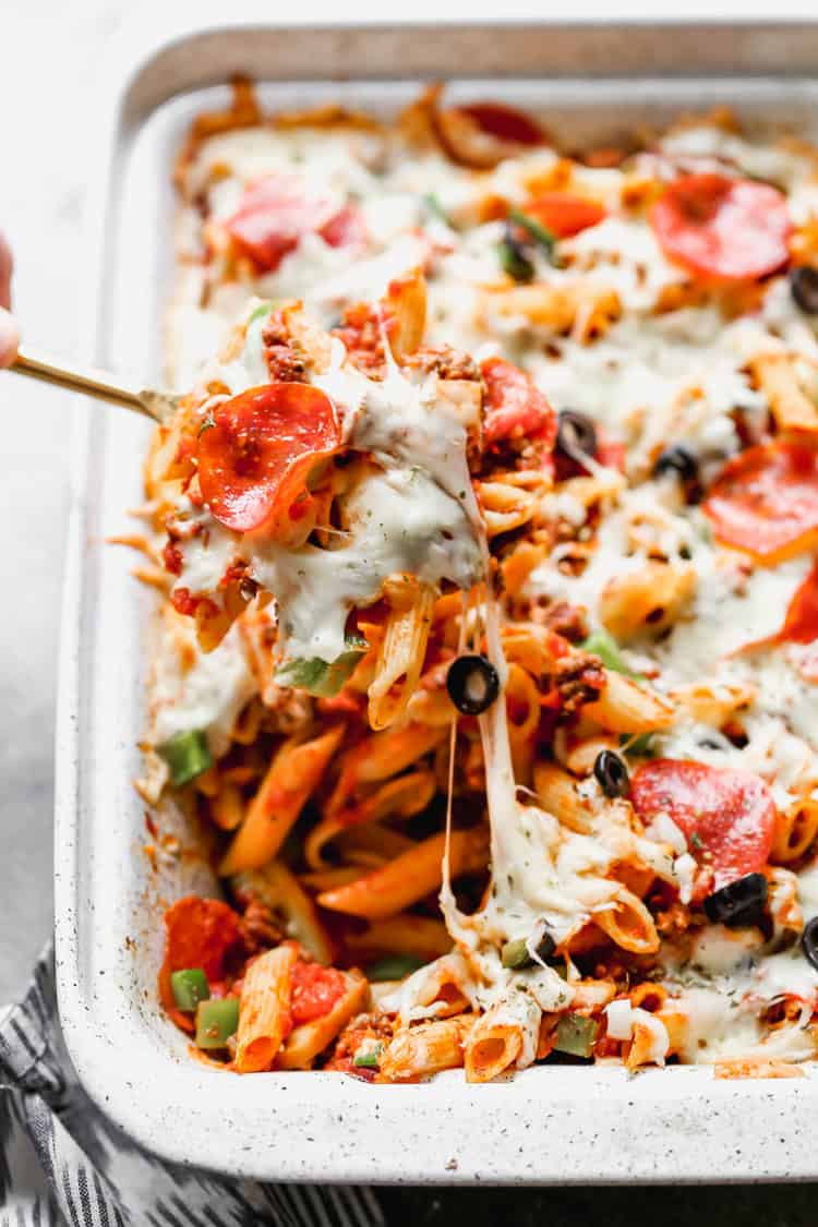 This pizza casserole uses ground beef and cheese to deliver pizza flavor in a simple, comforting bake.