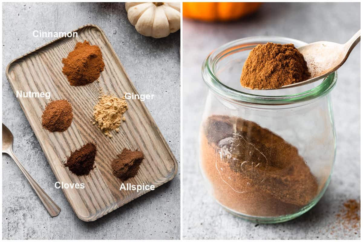 Two process photos for the ingredients needed to make pumpkin pie spice and then mixed in a jar.