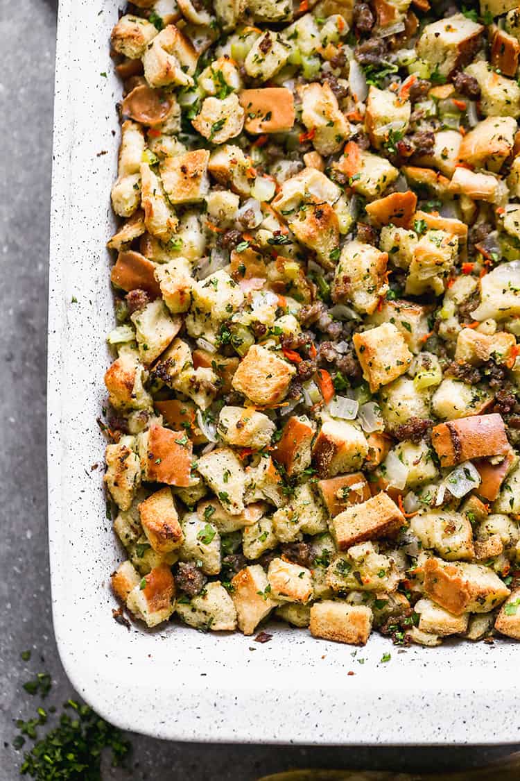 This easy stuffing can be made ahead and is the perfect side for your Thanksgiving dinner plate.