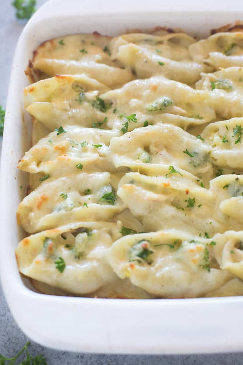 These cheesy Alfredo-stuffed shells are rich, comforting, and a perfect use for leftover turkey.