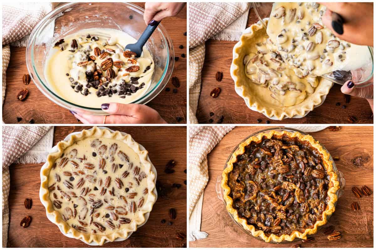 This chocolate and pecan pie recipe is simple to make with just 10 minutes of prep! It bakes up nice and golden on a flaky pie crust and wins over every pecan pie skeptic!