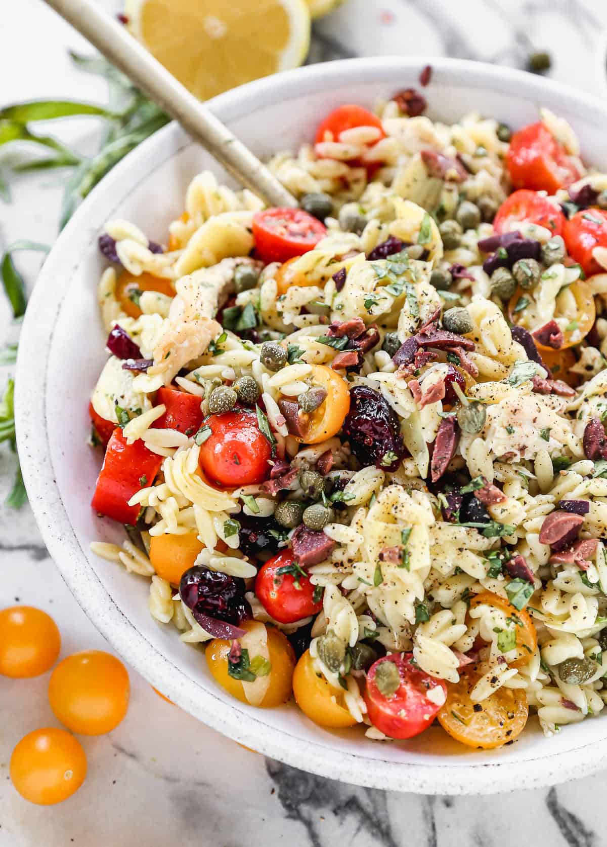 This fresh orzo salad makes a perfect light lunch using turkey.