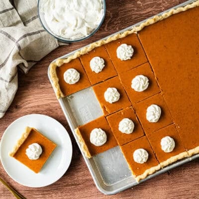 This easy Sheet Pan Pumpkin Pie is the easiest and most fun way to serve pumpkin pie to a crowd!