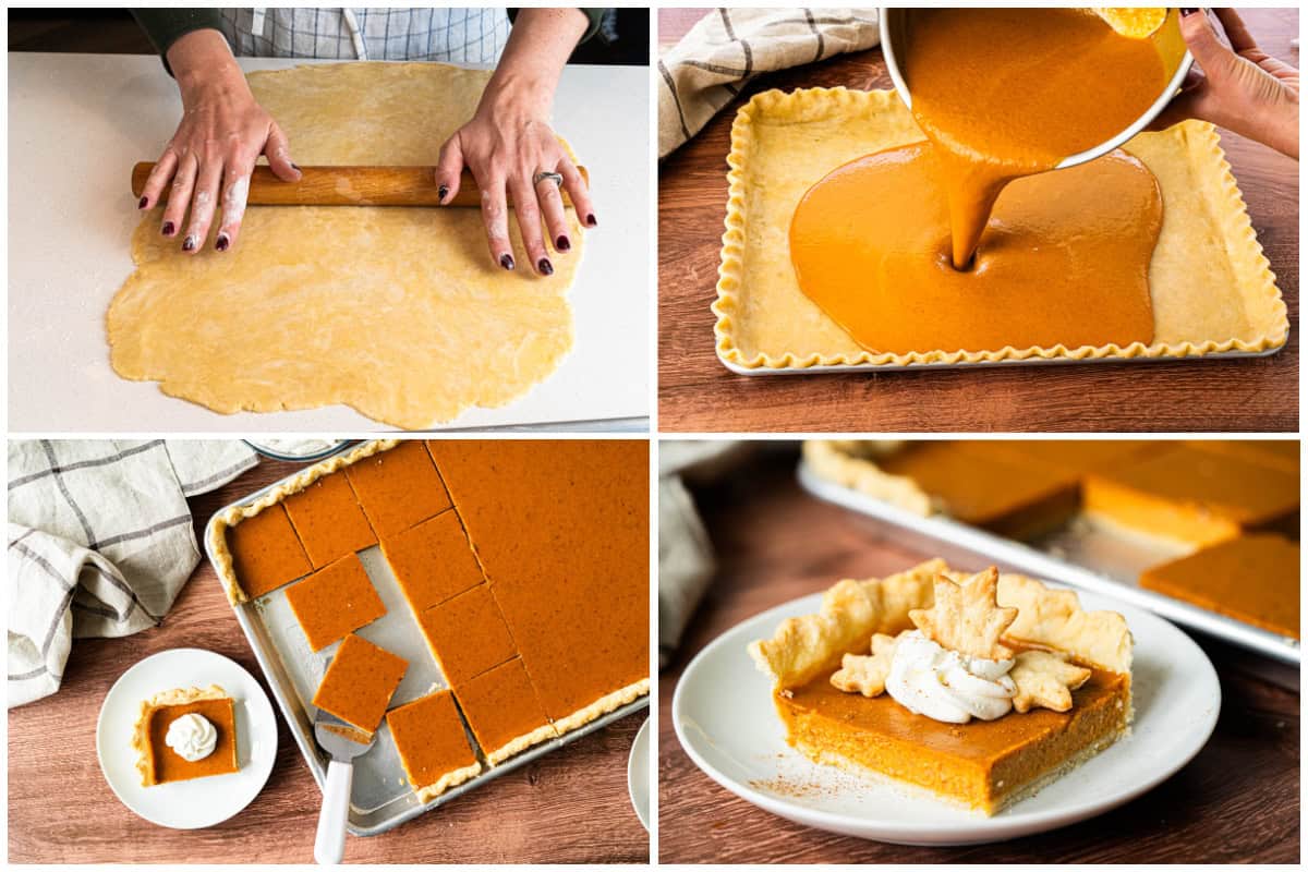 The best Pumpkin Slab Pie has a buttery, flaky crust, a perfectly spiced filling, and is topped with whipped cream. It can feed the whole crowd and bakes so fast!