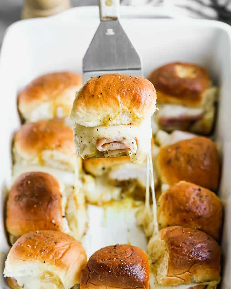 These ham and swiss sliders can be assembled ahead and baked for a quick party snack or dinner.
