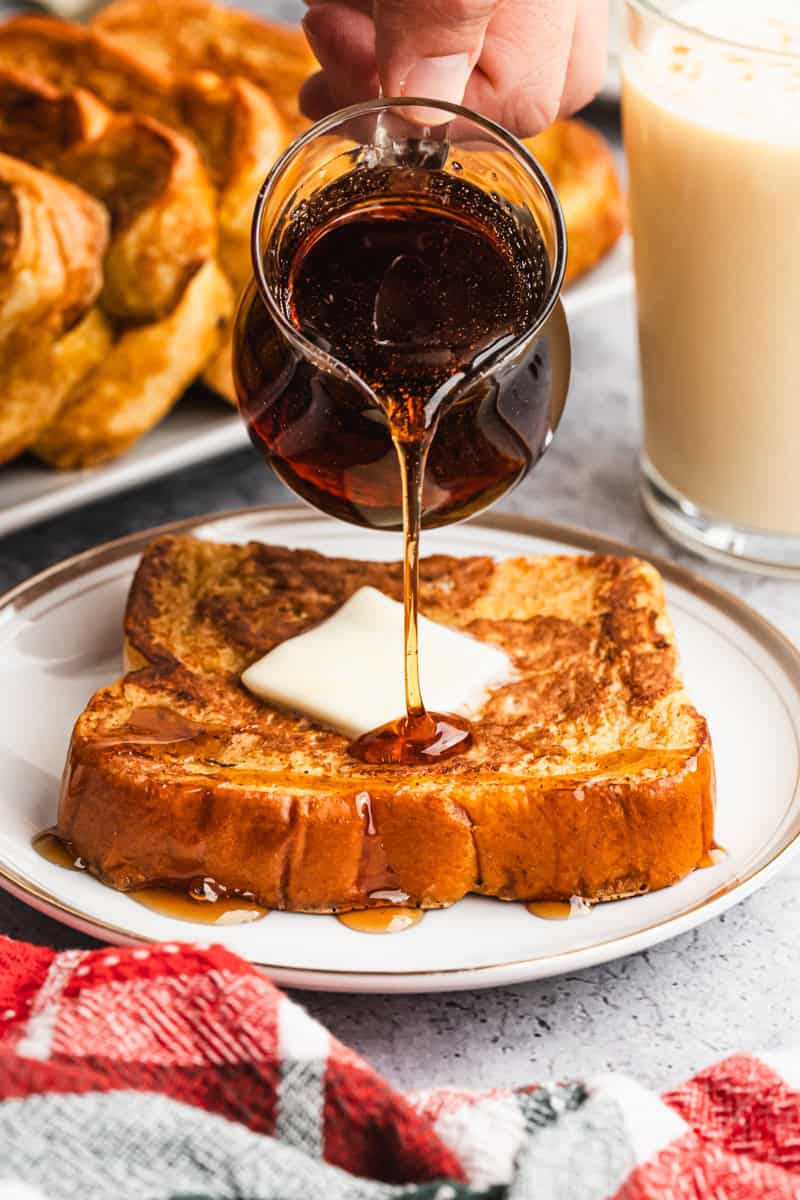 Eggnog French Toast is dipped in a creamy, spiced custard and cooked until golden. It has such a fun flavor twist I can't get enough of!