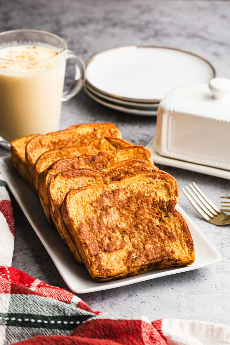 This eggnog French toast is the perfect festive breakfast to make with leftover holiday eggnog.