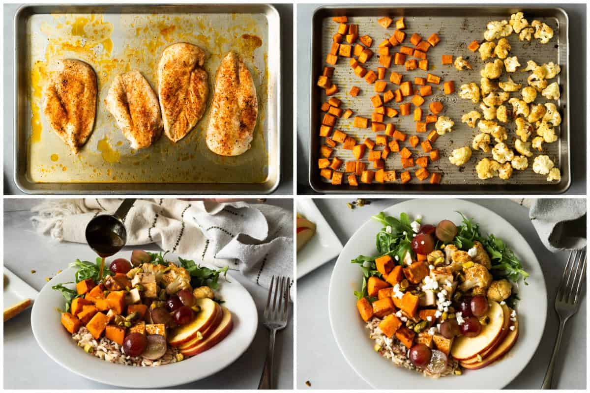 Healthy Nourish bowls are made by roasting chicken and veggies on sheet pans and then serving as a bowl with rice and other toppings. 