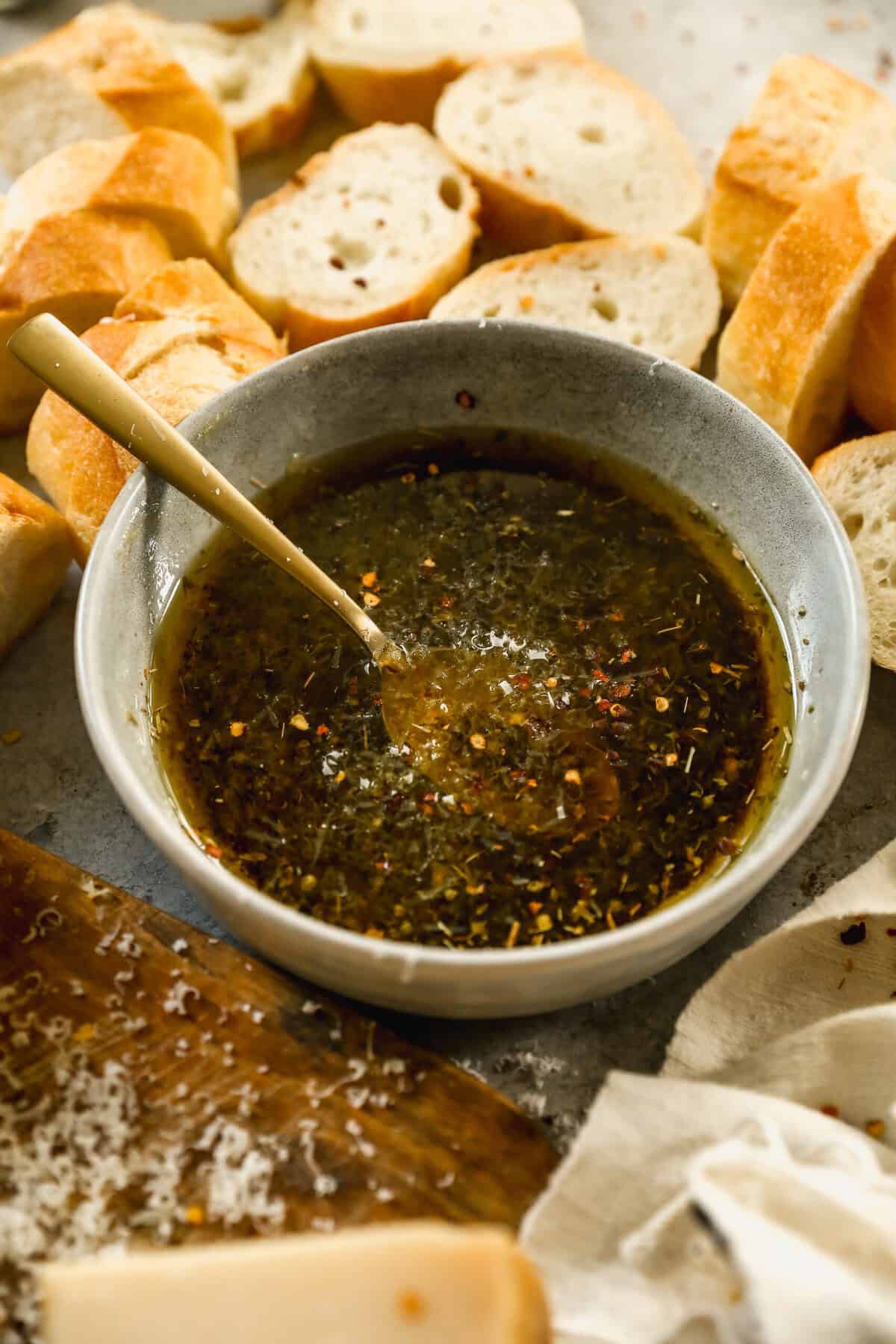 A no-cook, elegant olive oil dip that works well with crusty bread and rounds out any snack board.