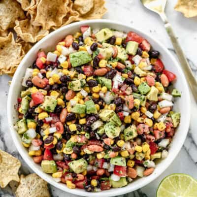 Cowboy Caviar is a great no-cook option that adds crunch and balance to heavier game day snacks.