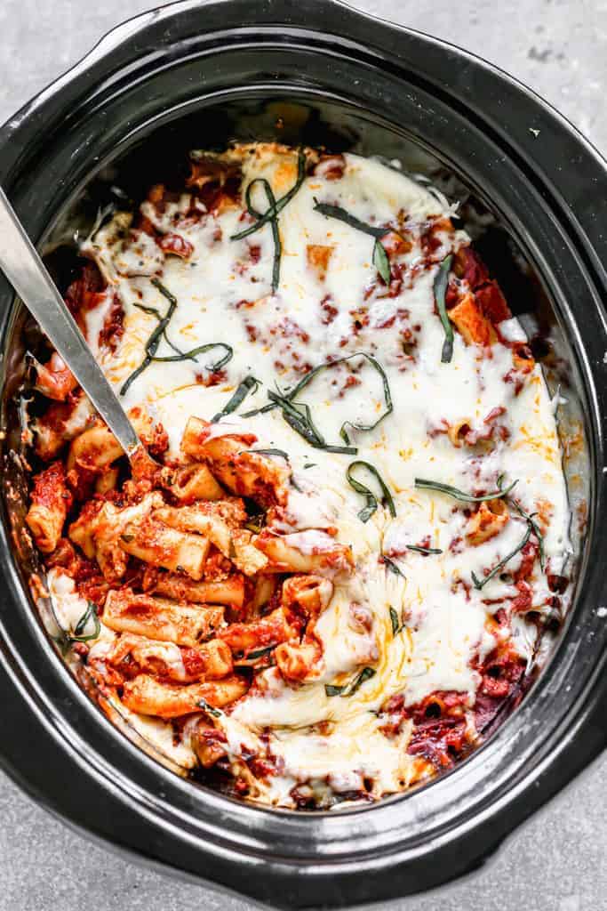 This crock pot baked ziti brings warm, cheesy comfort to effortless dinners.