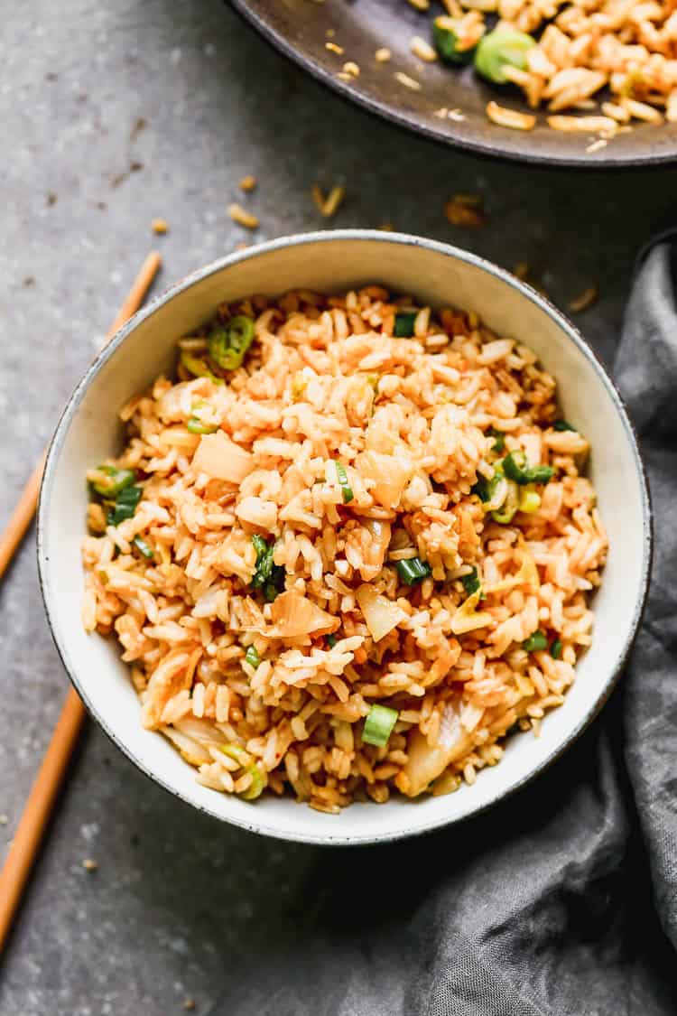 This kimchi fried rice is perfect for bold, tangy vegetarian dinners.