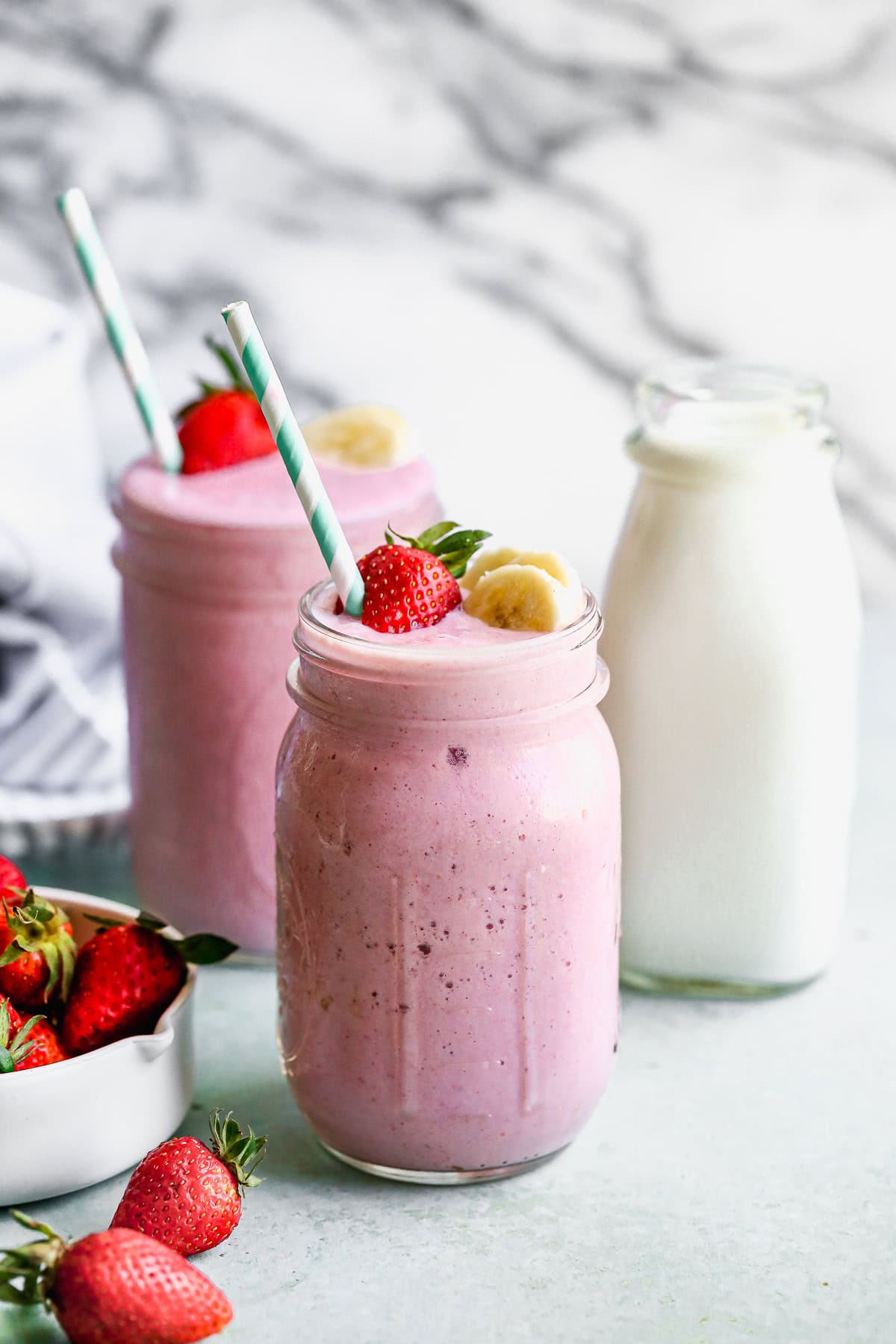 Strawberry Banana Smoothies are perfect for fast school-day breakfasts.