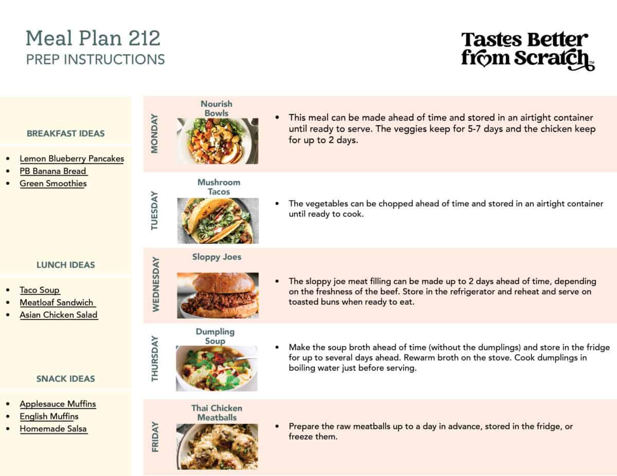 Prep ahead instructions for meal plan 212.
