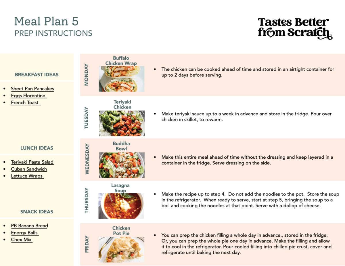 Prep ahead instructions for meal plan 5.