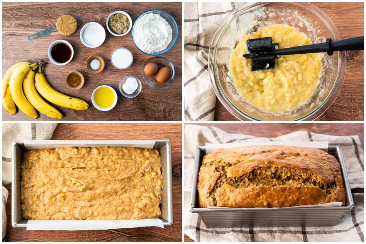 This healthy peanut butter banana bread recipe has less sugar and more bananas for a healthier version with a peanut butter flavor twist!