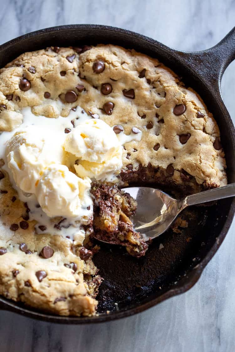 Skillet Cookie is the go to warm dessert when you want a gooey cookie without making a full batch.