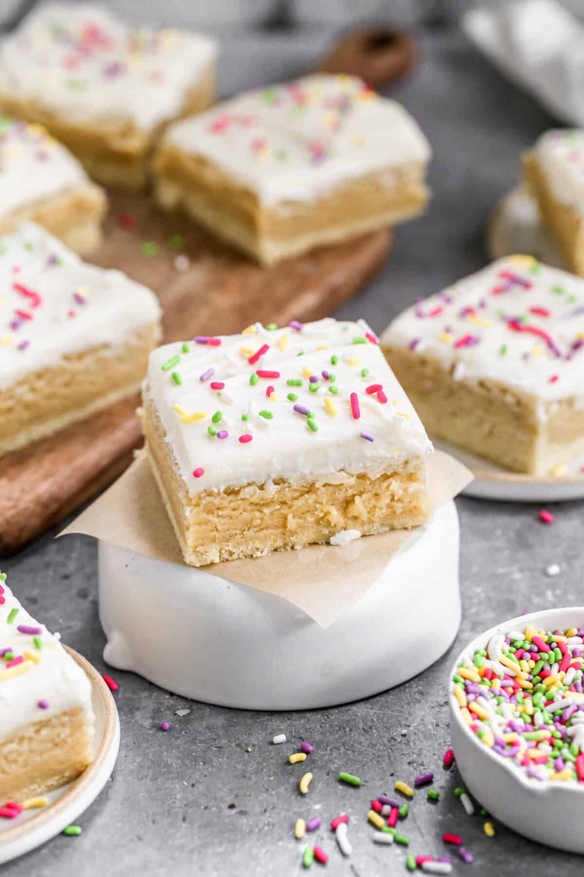 Sugar Cookie Bars are an easy shortcut to soft cookie flavor without rolling and cutting dough.