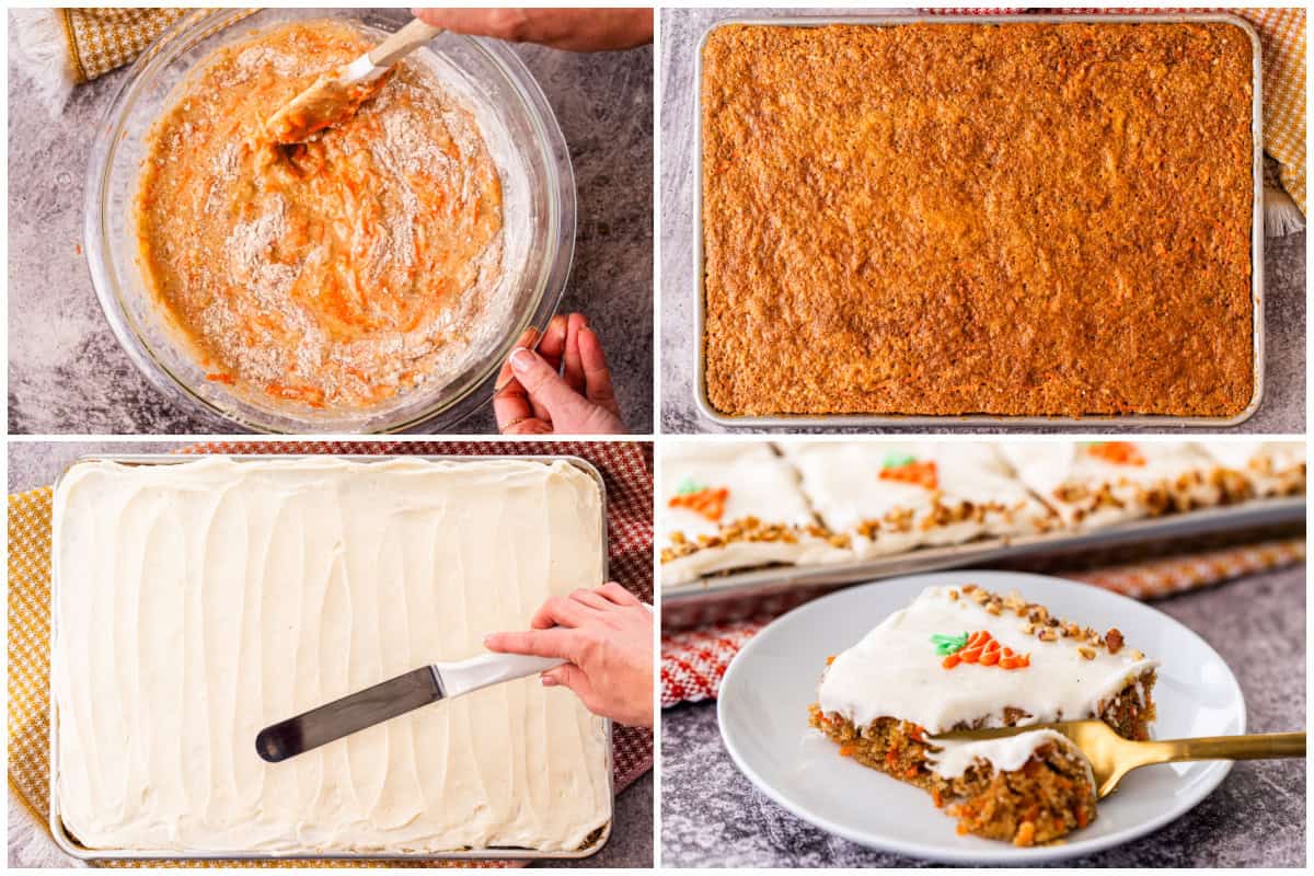 Make a homemade carrot cake effortlessly by making it into a carrot cake sheet cake! Mix the homemade batter, bake, and top with a whipped cream cheese frosting and enjoy every bite!