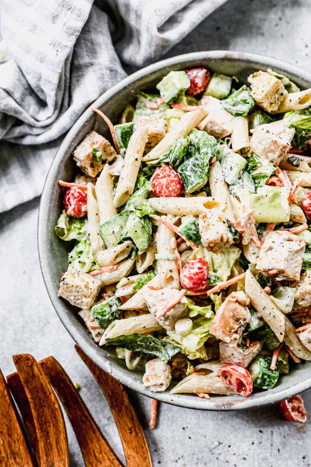 Chicken Caesar Pasta Salad is a fresh and filling recipe for an easy summer lunch, dinner, or potluck side.