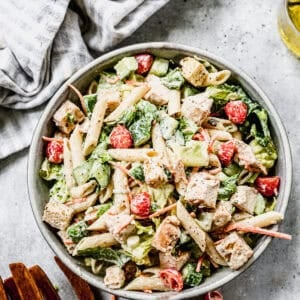 Chicken Caesar Pasta Salad is a fresh and filling recipe for an easy summer lunch, dinner, or potluck side.