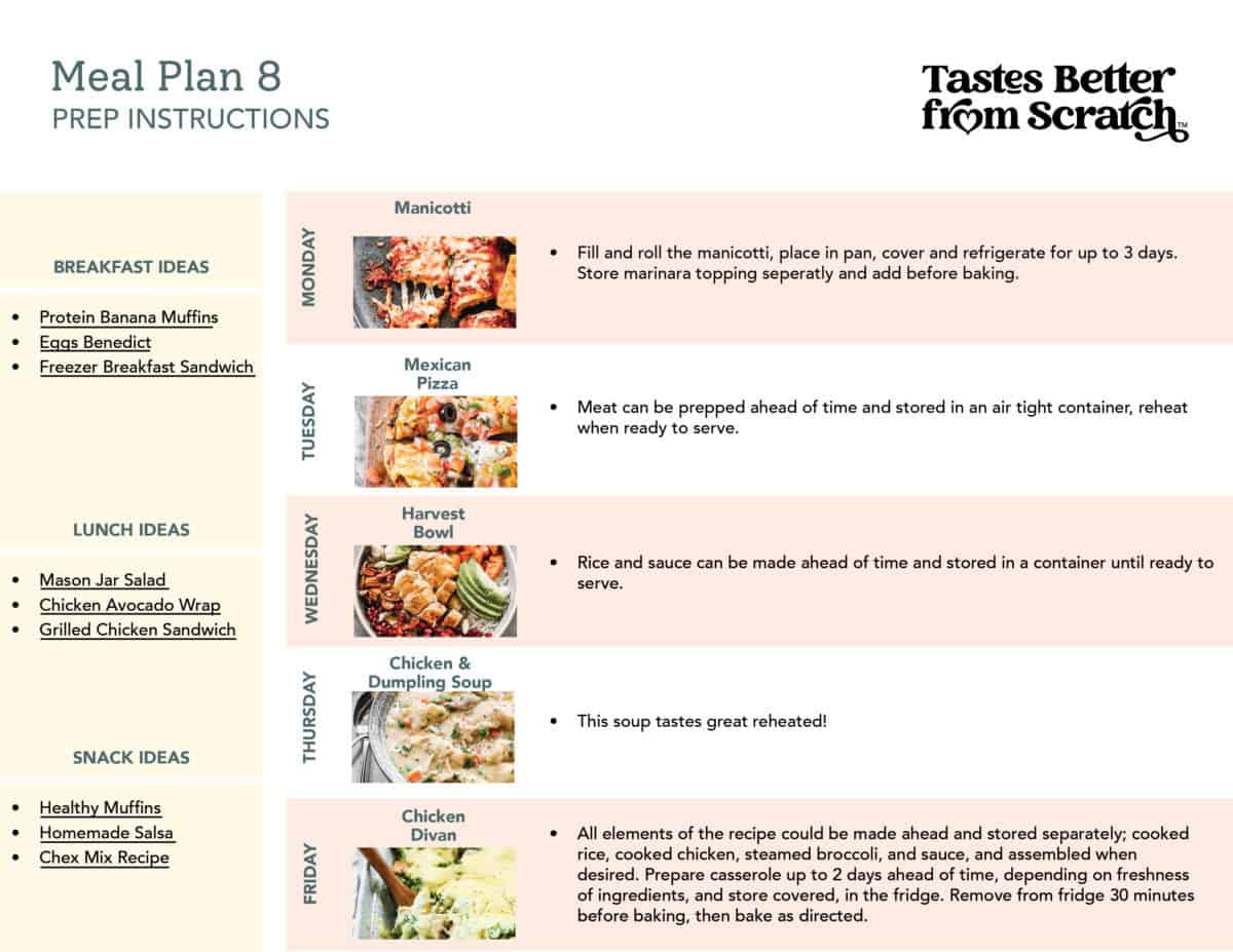 Prep ahead instructions for meal plan 8.