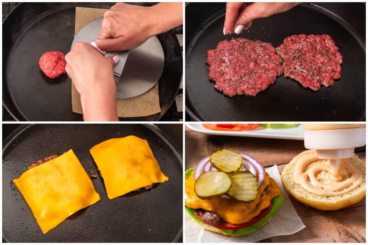 Homemade Smash Burgers only take 15 minutes and are easier than you think! Top with cheese and load with homemade burger sauce and your favorite toppings. 